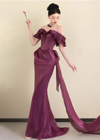 Elegant Deep Fuchsia Mermaid Off-The-Shoulder Ruffled Satin Long Formal Prom Dresses