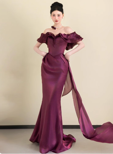 Elegant Deep Fuchsia Mermaid Off-The-Shoulder Ruffled Satin Long Formal Prom Dresses Main image