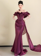 Elegant Deep Fuchsia Mermaid Off-The-Shoulder Ruffled Satin Long Formal Prom Dresses