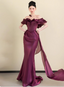 Elegant Deep Fuchsia Mermaid Off-The-Shoulder Ruffled Satin Long Formal Prom Dresses