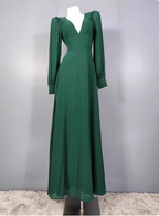 Elegant Deep Green A-Line V-Neck Long-Sleeved Backless Chiffon Long Formal Prom Dresses