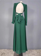 Elegant Deep Green A-Line V-Neck Long-Sleeved Backless Chiffon Long Formal Prom Dresses