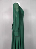 Elegant Deep Green A-Line V-Neck Long-Sleeved Backless Chiffon Long Formal Prom Dresses