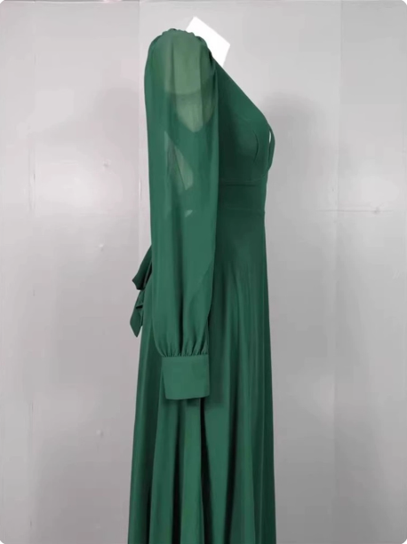 Elegant Deep Green A-Line V-Neck Long-Sleeved Backless Chiffon Long Formal Prom Dresses