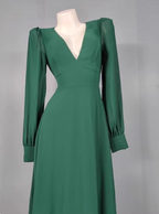 Elegant Deep Green A-Line V-Neck Long-Sleeved Backless Chiffon Long Formal Prom Dresses