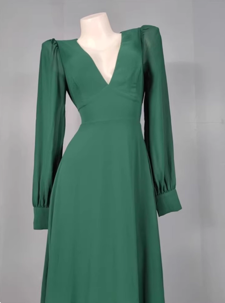 Elegant Deep Green A-Line V-Neck Long-Sleeved Backless Chiffon Long Formal Prom Dresses