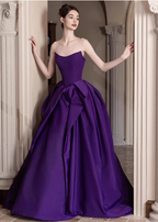 Elegant Deep Purple A-Line Strapless Satin Long Formal Prom Dresses