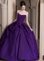 Elegant Deep Purple A-Line Strapless Satin Long Formal Prom Dresses