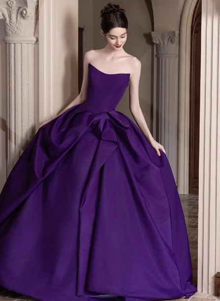 Elegant Deep Purple A-Line Strapless Satin Long Formal Prom Dresses