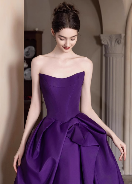 Elegant Deep Purple A-Line Strapless Satin Long Formal Prom Dresses