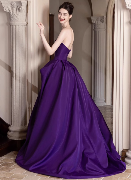 Elegant Deep Purple A-Line Strapless Satin Long Formal Prom Dresses