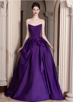 Elegant Deep Purple A-Line Strapless Satin Long Formal Prom Dresses