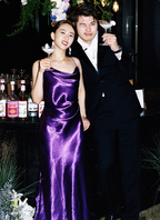 Elegant Deep Purple Spaghetti Strap Cross Backless Satin Long Formal Prom Dresses