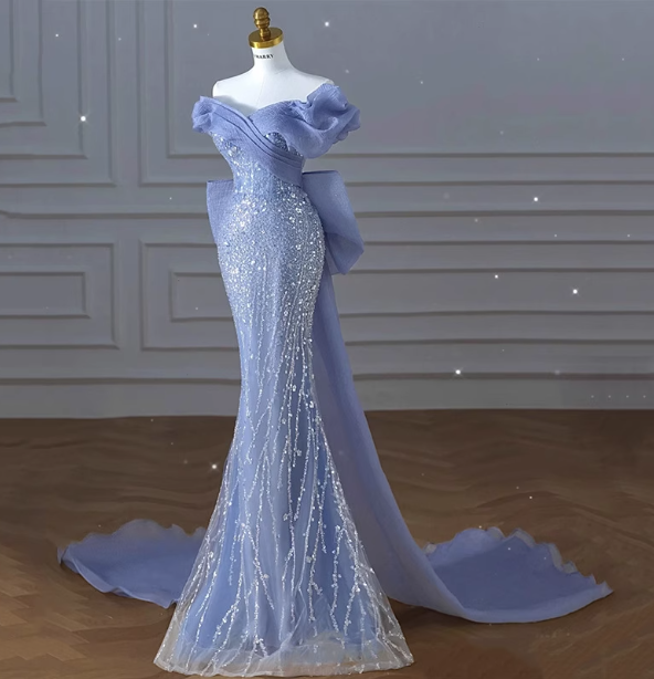 Elegant Dreamy Blue Mermaid Off-The-Shoulder Bow Sequined Tulle Train Formal Prom Dresses