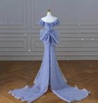 Elegant Dreamy Blue Mermaid Off-The-Shoulder Bow Sequined Tulle Train Formal Prom Dresses