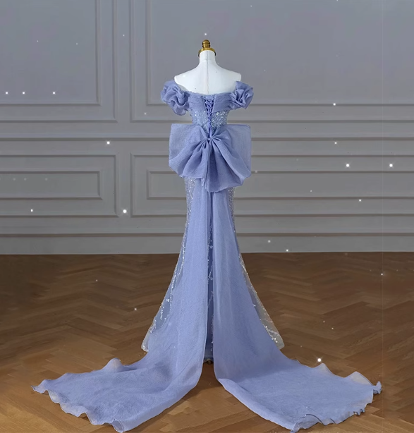 Elegant Dreamy Blue Mermaid Off-The-Shoulder Bow Sequined Tulle Train Formal Prom Dresses