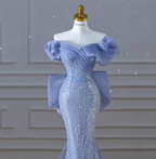Elegant Dreamy Blue Mermaid Off-The-Shoulder Bow Sequined Tulle Train Formal Prom Dresses