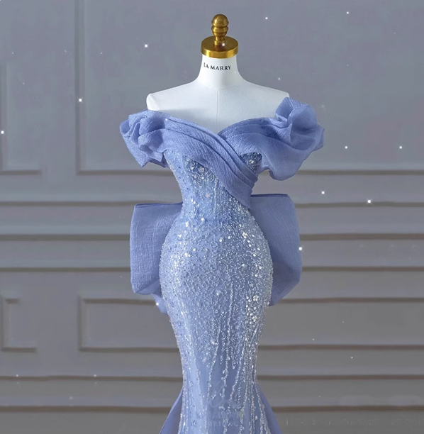 Elegant Dreamy Blue Mermaid Off-The-Shoulder Bow Sequined Tulle Train Formal Prom Dresses