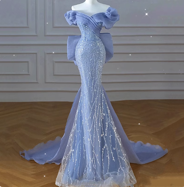 Elegant Dreamy Blue Mermaid Off-The-Shoulder Bow Sequined Tulle Train Formal Prom Dresses Main image