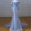 Elegant Dreamy Blue Mermaid Off-The-Shoulder Bow Sequined Tulle Train Formal Prom Dresses