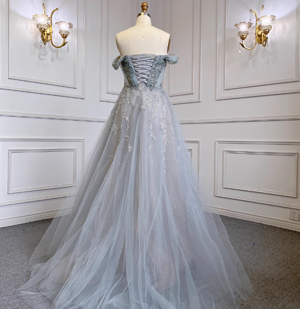 Elegant Dusty Blue A-Line Off-The-Shoulder Beaded Tulle Long Formal Prom Dresses Secondary image