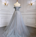 Elegant Dusty Blue A-Line Off-The-Shoulder Beaded Tulle Long Formal Prom Dresses