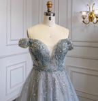 Elegant Dusty Blue A-Line Off-The-Shoulder Beaded Tulle Long Formal Prom Dresses