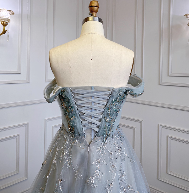 Elegant Dusty Blue A-Line Off-The-Shoulder Beaded Tulle Long Formal Prom Dresses