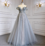 Elegant Dusty Blue A-Line Off-The-Shoulder Beaded Tulle Long Formal Prom Dresses
