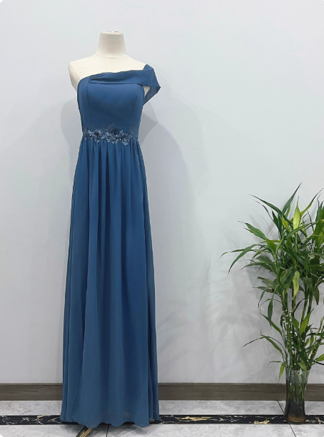 Elegant Dusty Blue One-Shoulder Chiffon Formal Prom Dresses Bridesmaid Dresses