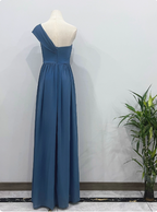 Elegant Dusty Blue One-Shoulder Chiffon Formal Prom Dresses Bridesmaid Dresses