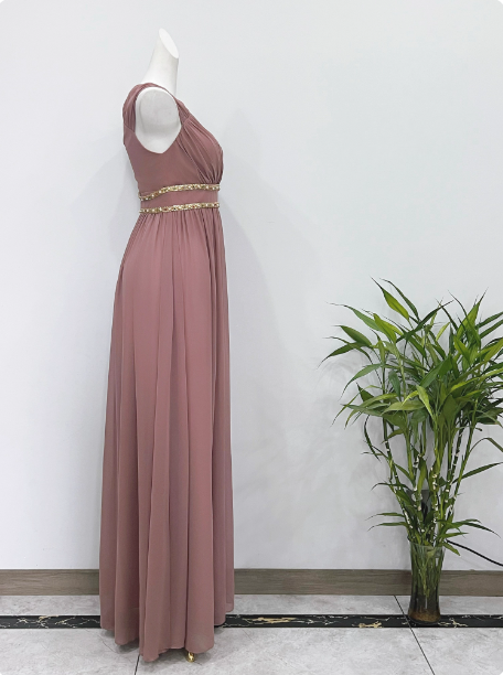 Elegant Dusty Pink A-Line Spaghetti Strap V-Neck Chiffon Long Formal Prom Dresses