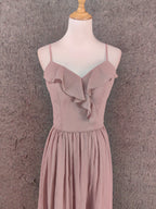 Elegant Dusty Pink Spaghetti Strap Ruffled Chiffon Long Formal Prom Dresses Bridesmaid Dresses