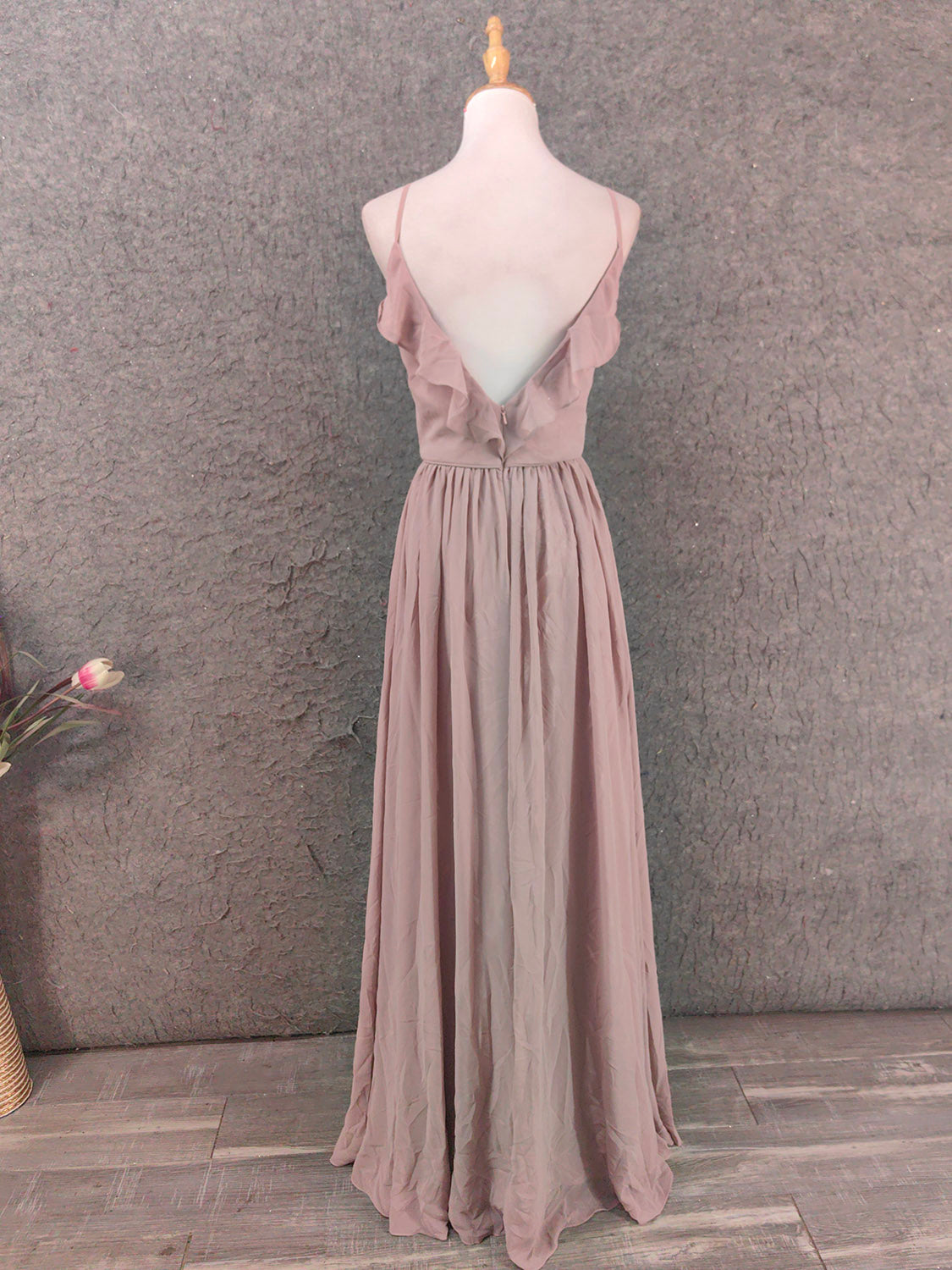 Elegant Dusty Pink Spaghetti Strap Ruffled Chiffon Long Formal Prom Dresses Bridesmaid Dresses
