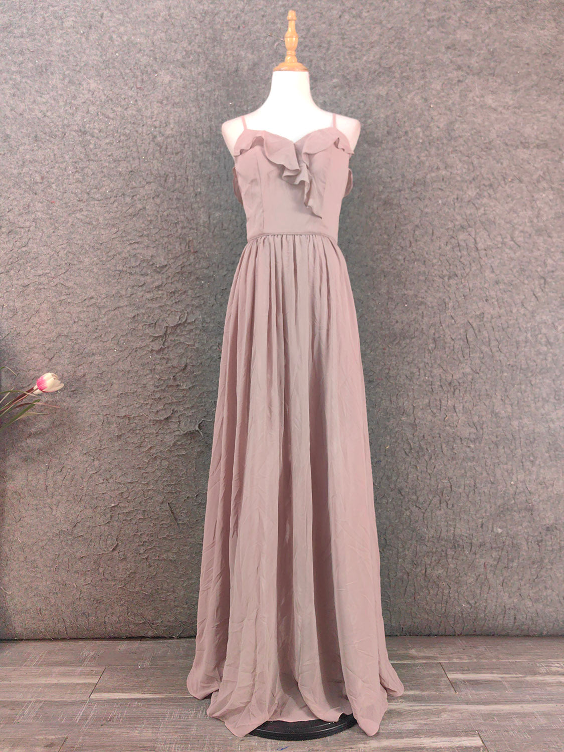 Elegant Dusty Pink Spaghetti Strap Ruffled Chiffon Long Formal Prom Dresses Bridesmaid Dresses