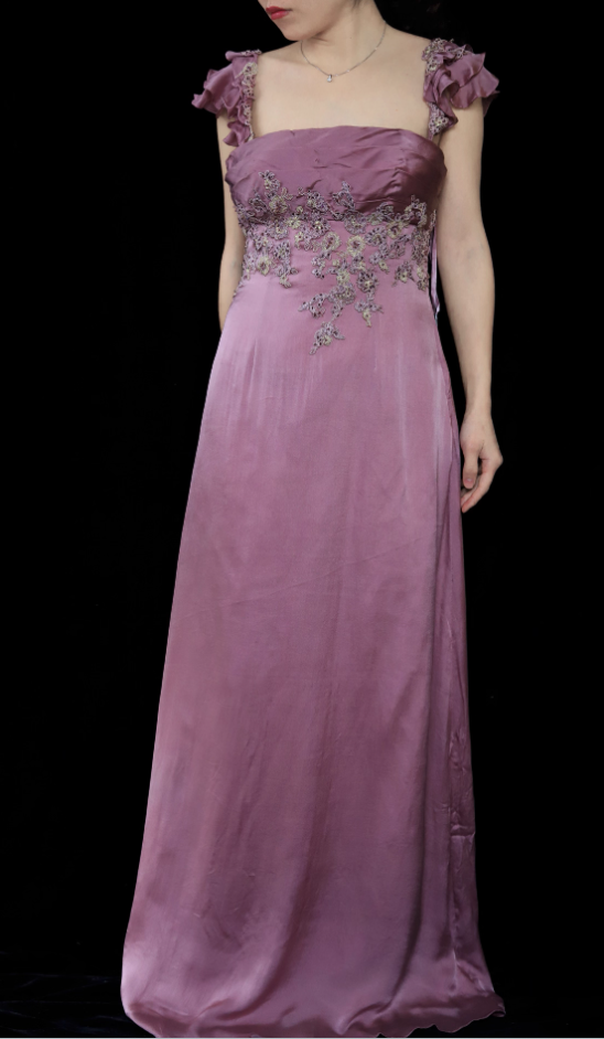 Elegant Dusty Rose Square Neck Spaghetti Strap Embroidered Ruffle Satin Long Formal Prom Dresses