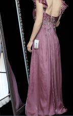 Elegant Dusty Rose Square Neck Spaghetti Strap Embroidered Ruffle Satin Long Formal Prom Dresses