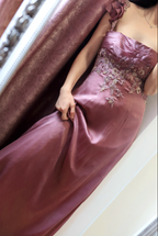 Elegant Dusty Rose Square Neck Spaghetti Strap Embroidered Ruffle Satin Long Formal Prom Dresses