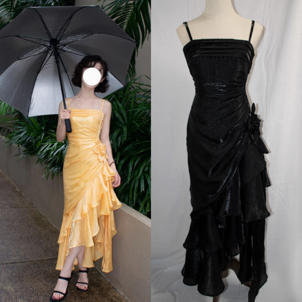 Vintage Spaghetti Straps Chiffon Satin Ruffled Formal Prom Dresses Fairytale Party Dresses