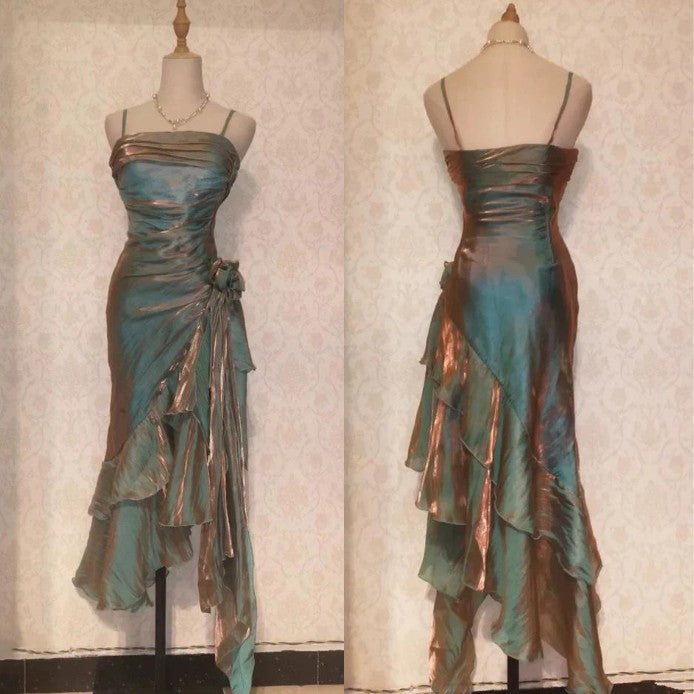 Vintage Spaghetti Straps Chiffon Satin Ruffled Formal Prom Dresses Fairytale Party Dresses Secondary image