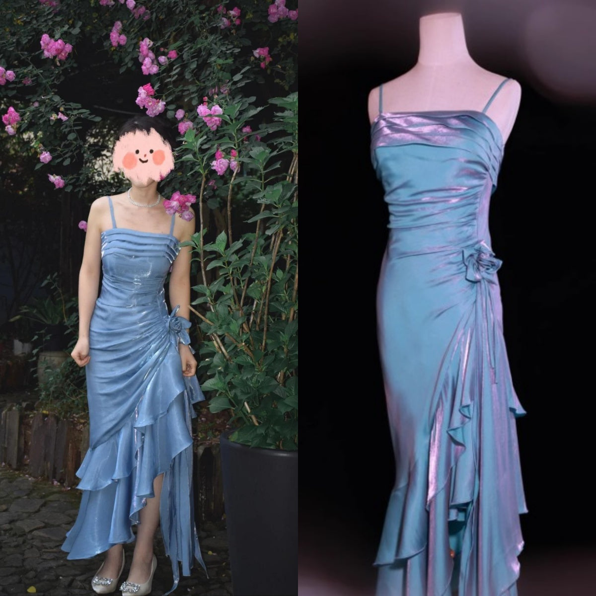 Vintage Spaghetti Straps Chiffon Satin Ruffled Formal Prom Dresses Fairytale Party Dresses