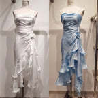 Vintage Spaghetti Straps Chiffon Satin Ruffled Formal Prom Dresses Fairytale Party Dresses