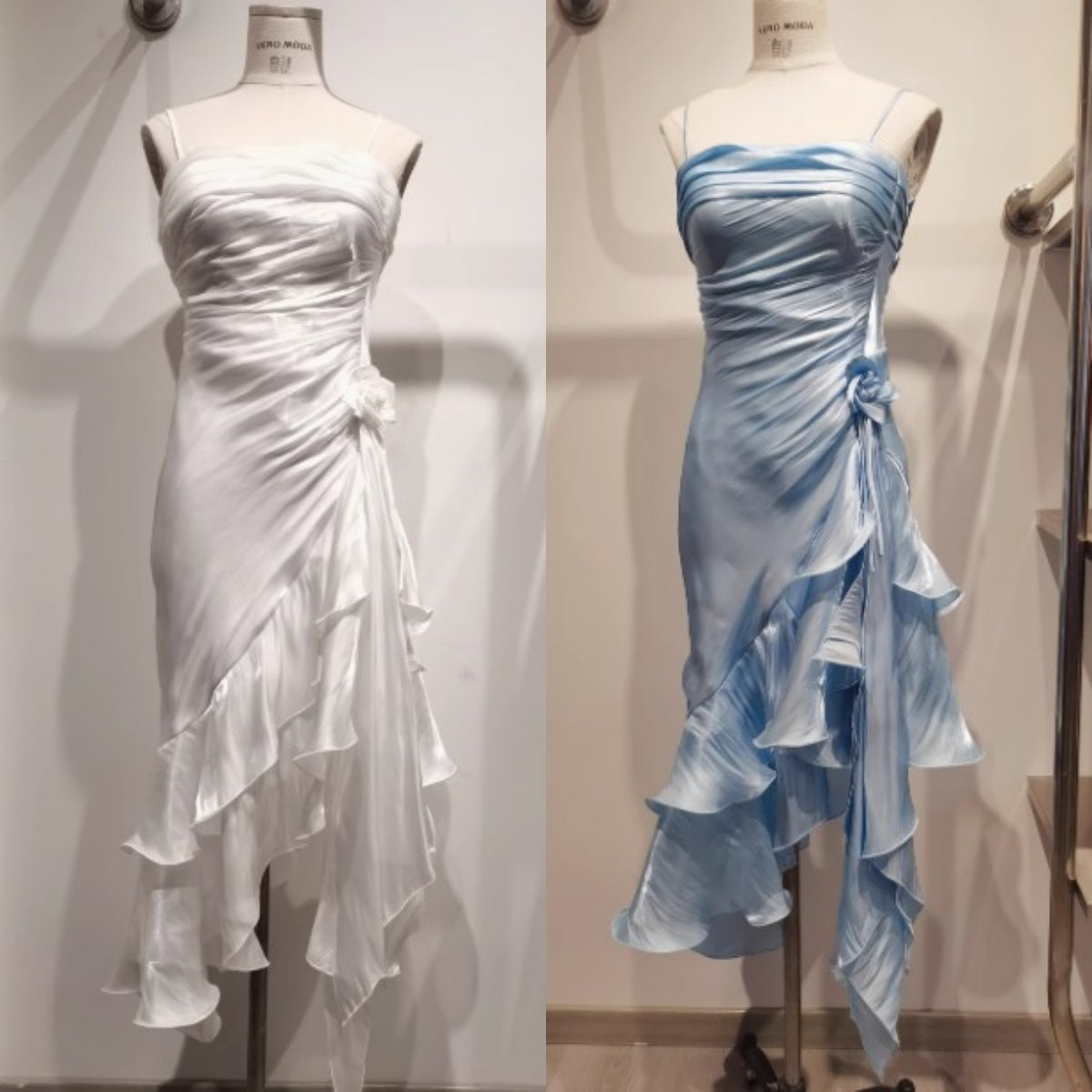 Vintage Spaghetti Straps Chiffon Satin Ruffled Formal Prom Dresses Fairytale Party Dresses
