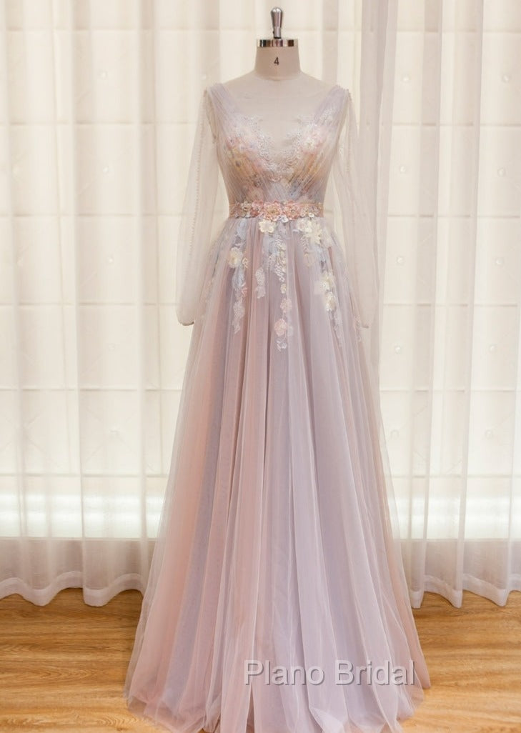 Elegant Flower Lace Pink Party Dres,s Sexy V Neck Evening Dresses Backless Tulle Formal Prom Dresses Secondary image