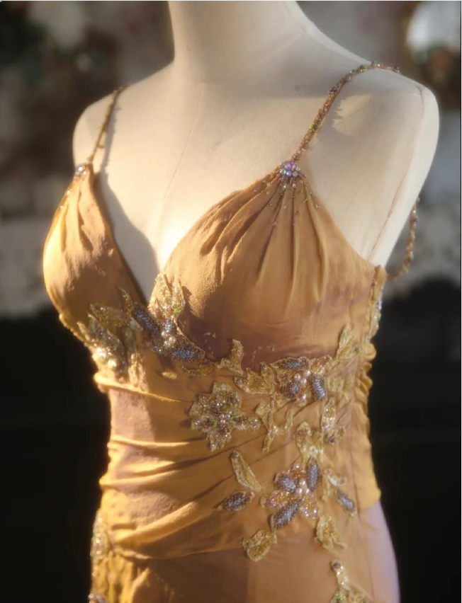 Elegant Ginger Yellow Mermaid V-Neck Beaded Embroidered Satin Formal Prom Dresses