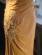 Elegant Ginger Yellow Mermaid V-Neck Beaded Embroidered Satin Formal Prom Dresses