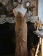 Elegant Ginger Yellow Mermaid V-Neck Beaded Embroidered Satin Formal Prom Dresses