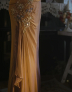 Elegant Ginger Yellow Mermaid V-Neck Beaded Embroidered Satin Formal Prom Dresses