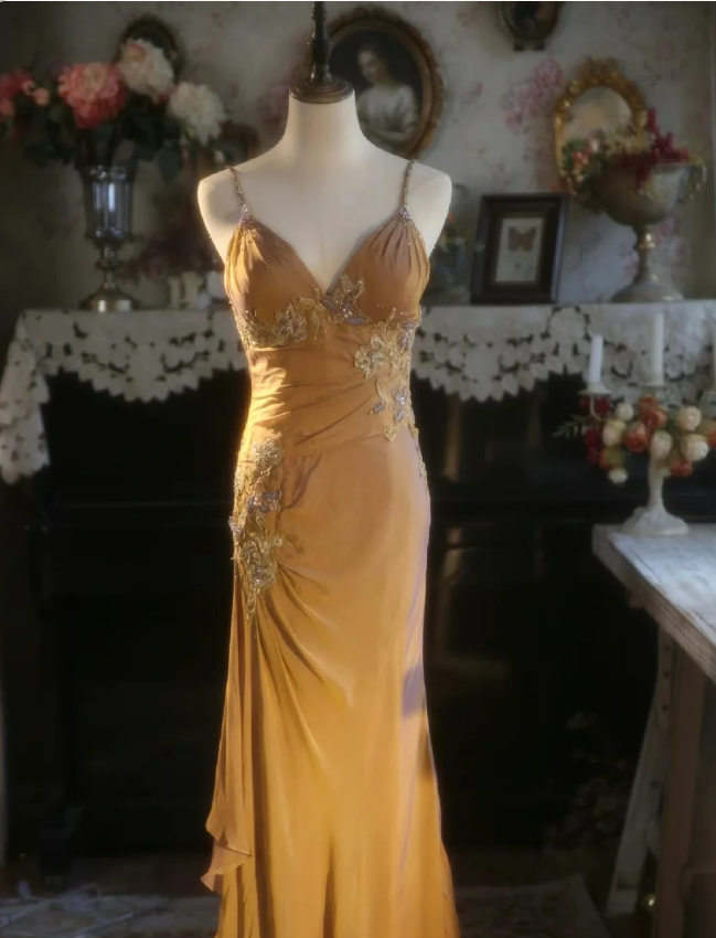 Elegant Ginger Yellow Mermaid V-Neck Beaded Embroidered Satin Formal Prom Dresses
