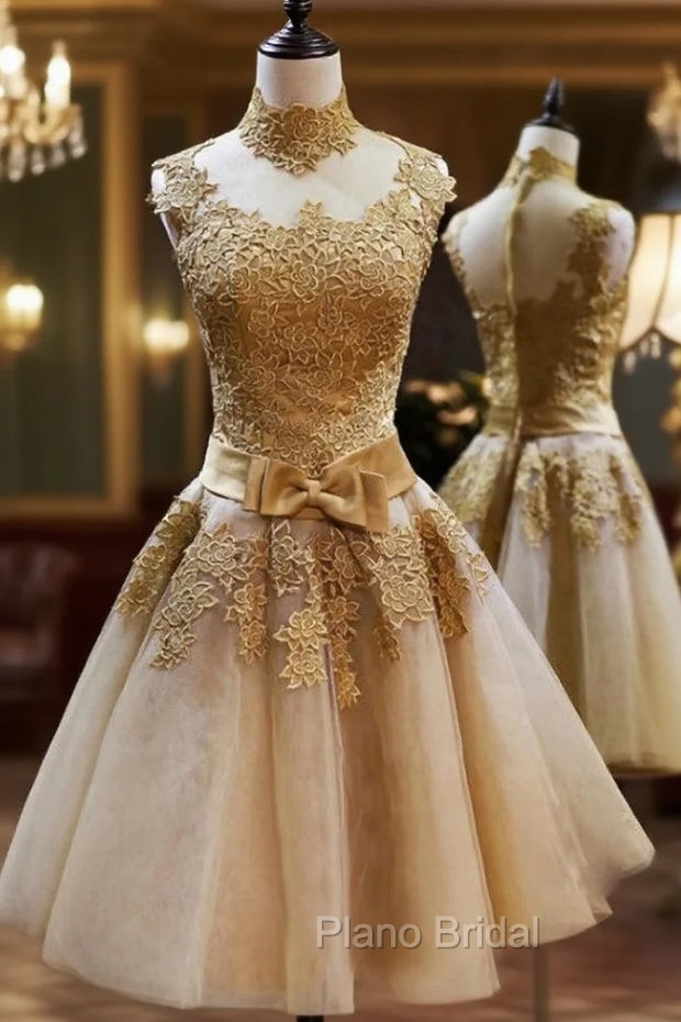 Elegant Gold Applique Homecoming Dresses High Neck Knee Length A Line